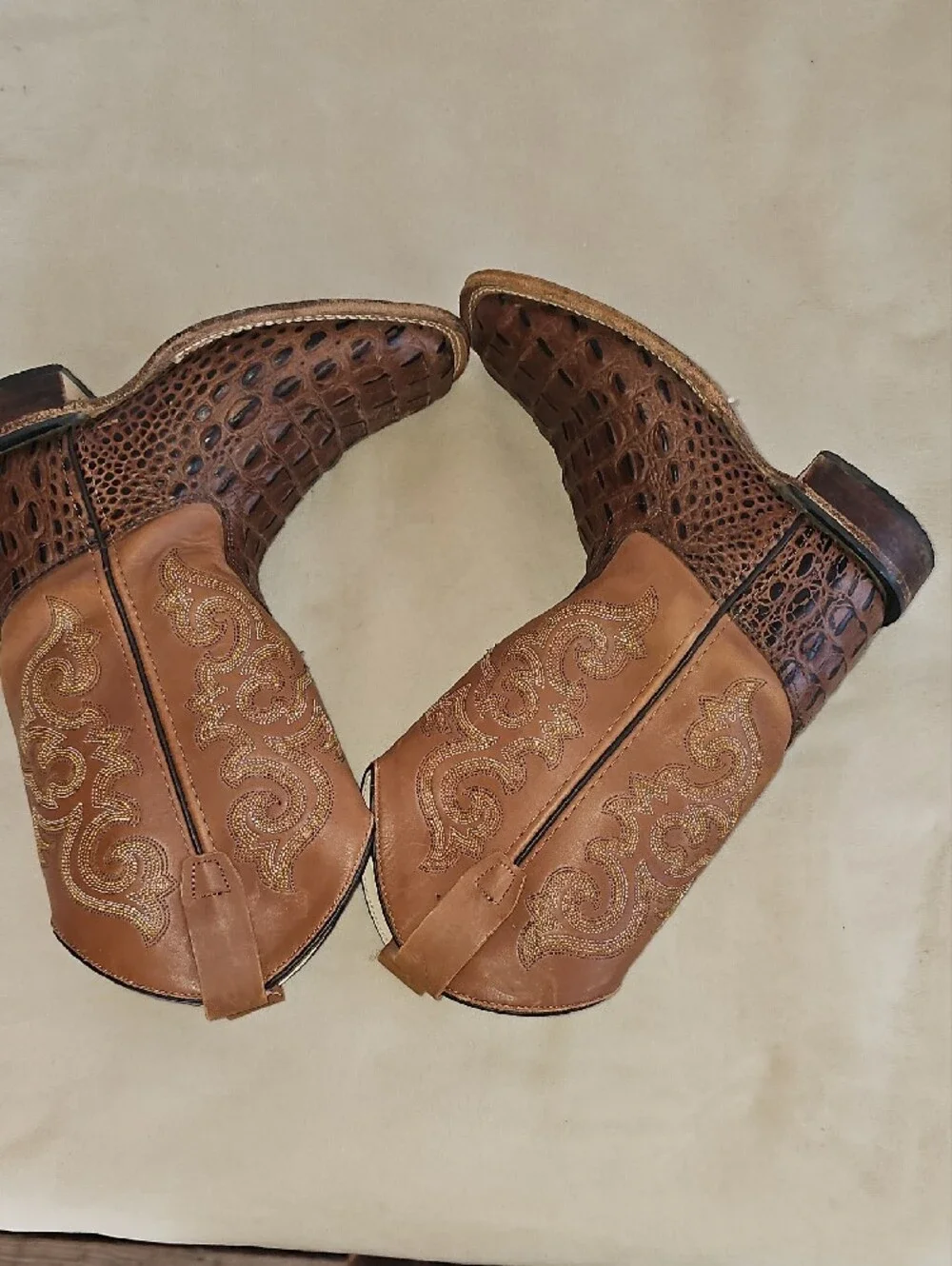 Old West Tan and Brown Kids Western Pull-On Boots Size 3.5
